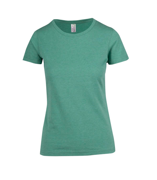 A women's t-shirt in a soft green marl colour with a round neckline and short sleeves. It features a branding label.