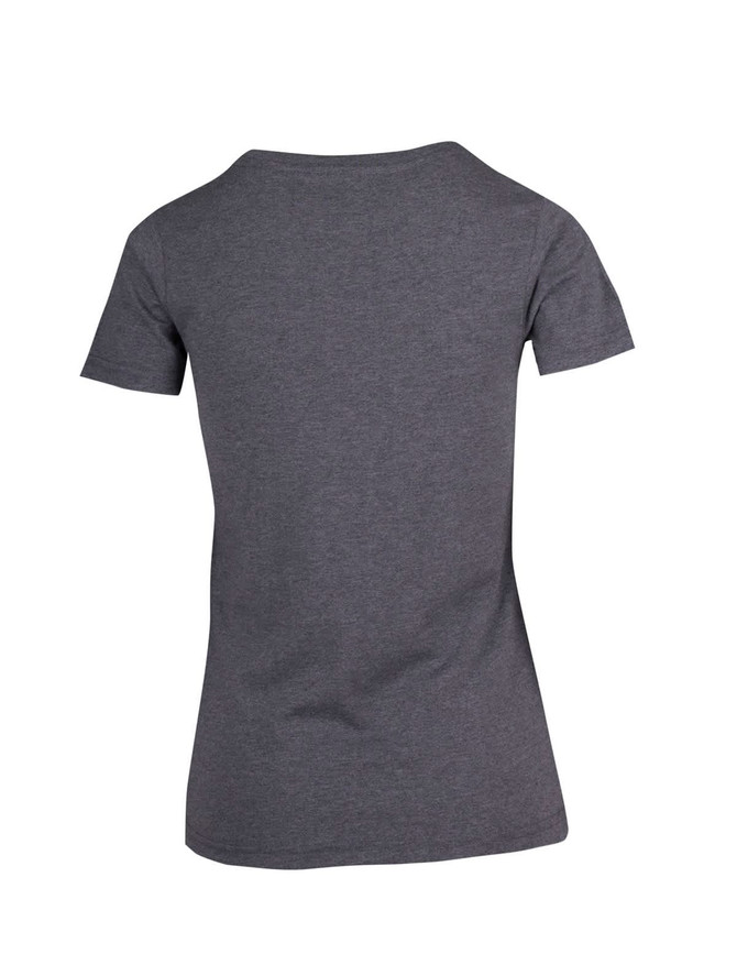 A grey women's T-shirt with a short sleeve and a simple design, featuring a branding logo.