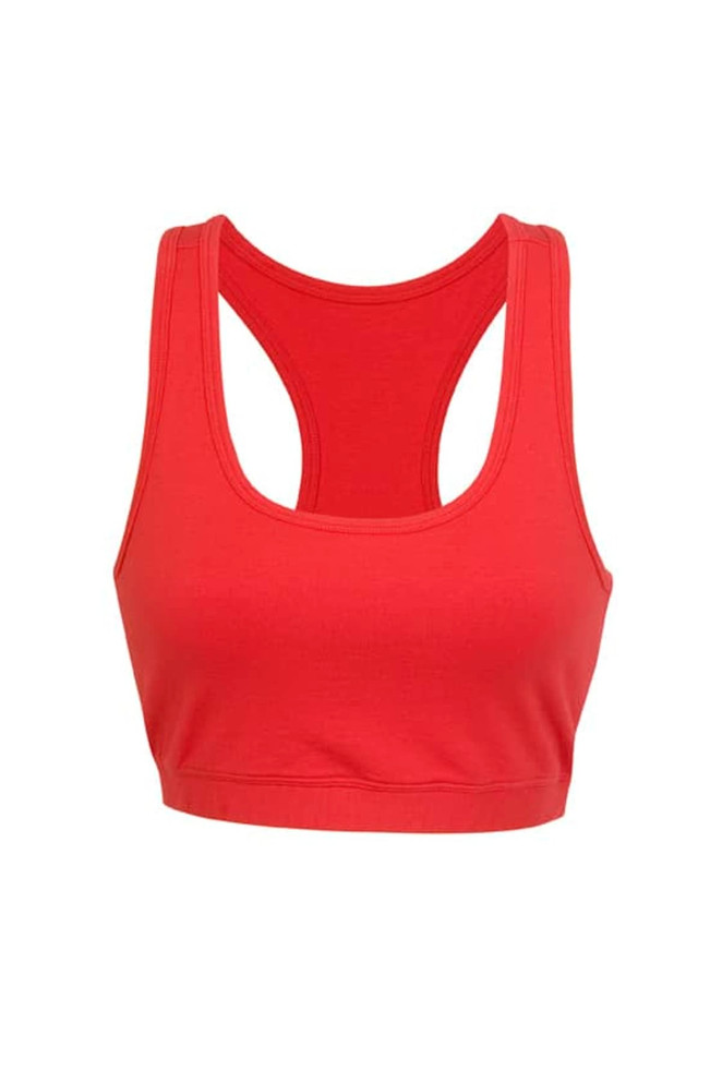A red women's singlet bra with a racerback design, featuring a fitted style and no visible branding.