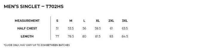A size chart for a men's cotton singlet in various sizes, including measurements for half chest and length.
