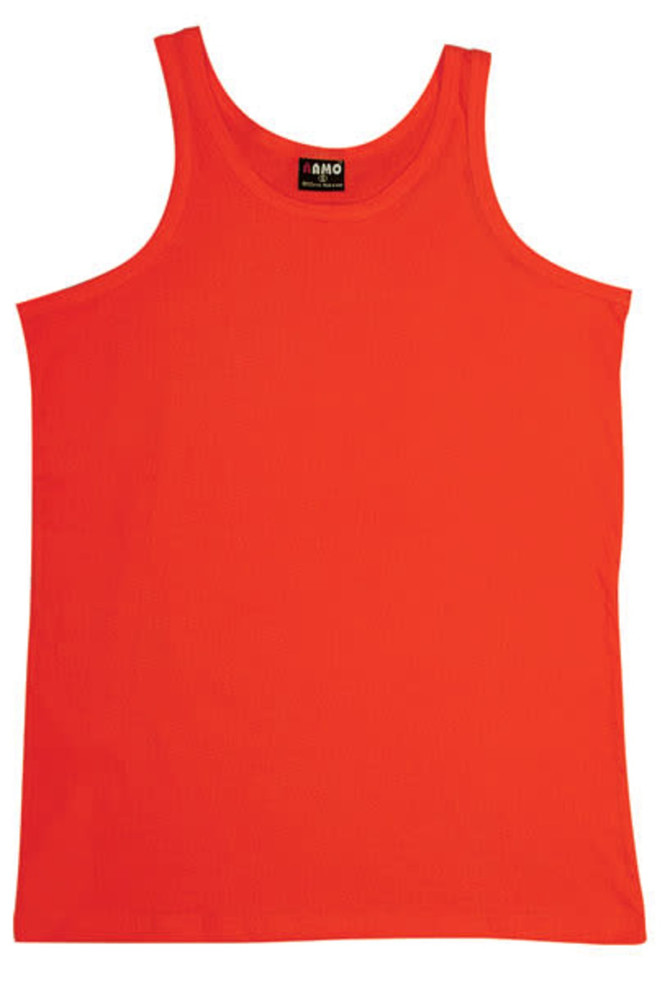 An orange men's cotton singlet with a simple design and a visible label tag.