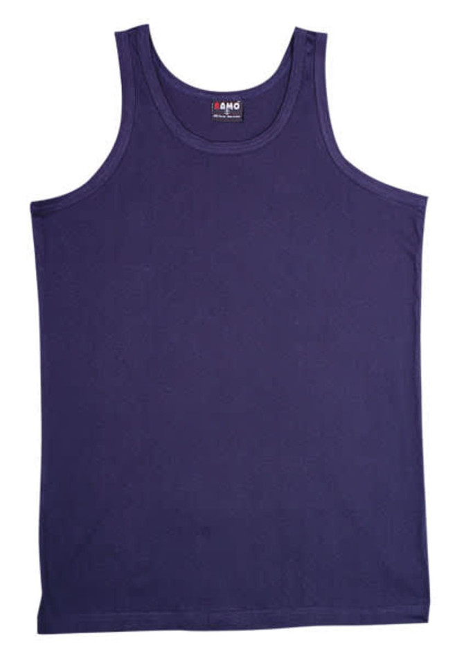 A navy blue men's cotton singlet displayed flat, featuring a brand logo on the label.