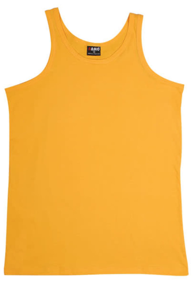A plain yellow men's cotton singlet, featuring a brand logo on the label.