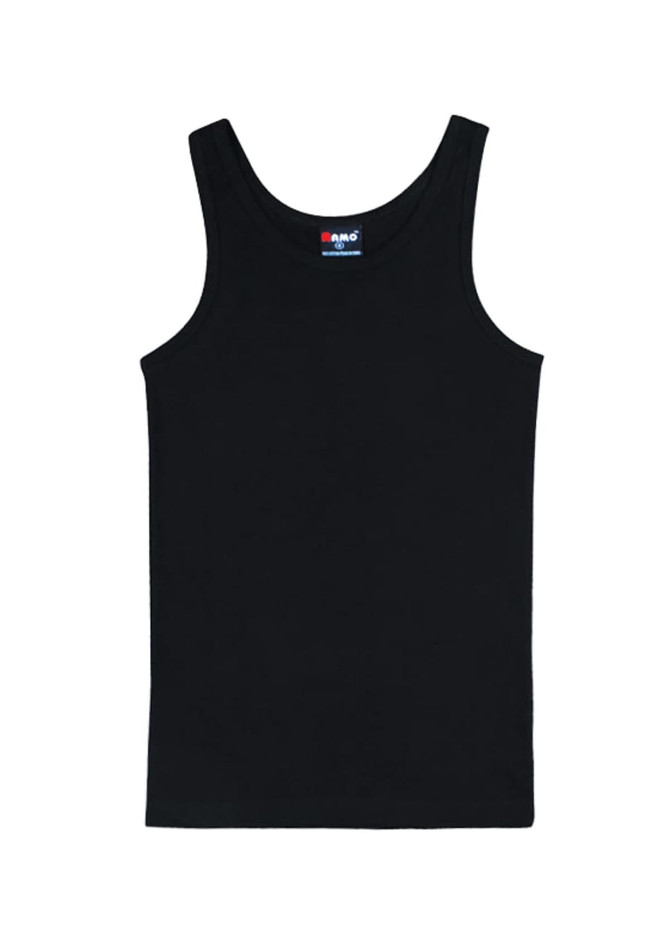 A black cotton rib singlet with a sleeveless design. Features a simple, plain style and includes a logo.