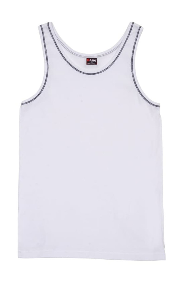 A white men's cotton rib singlet with contrasting stitching, featuring a logo on the label.