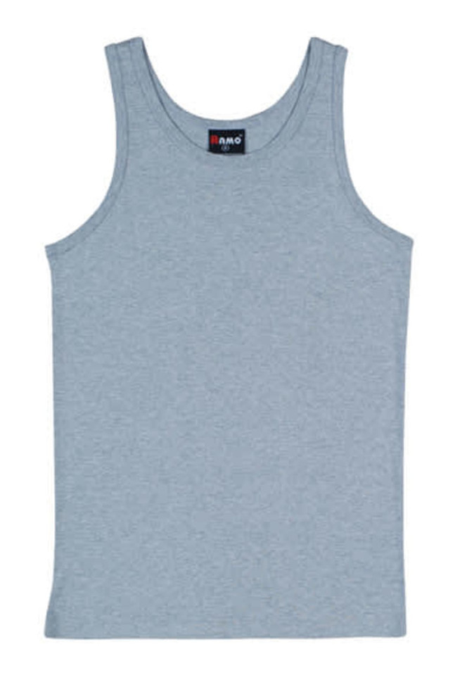 A light blue men's cotton rib singlet featuring a logo on the label.