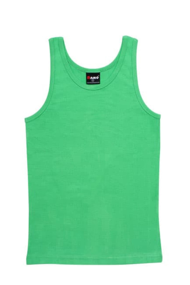 A green men's cotton rib singlet with a logo on the label, displayed flat against a white background.