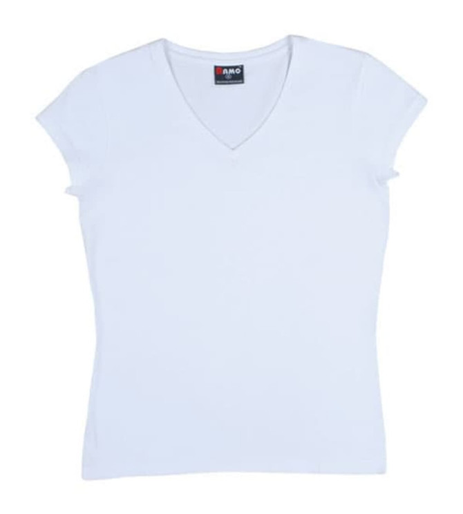A white women's V-neck T-shirt with short sleeves and a logo on the label.