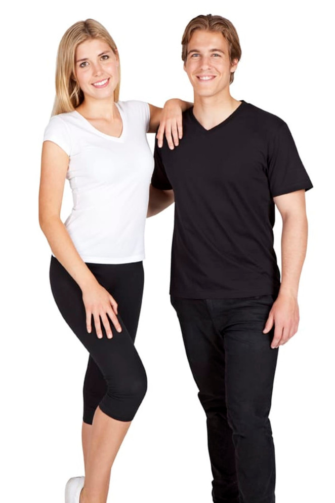 A woman in a white V-neck T-shirt and a man in a black V-neck T-shirt, both wearing casual black bottoms.