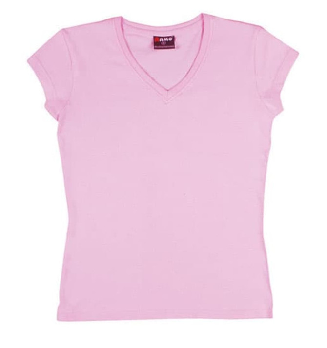 A pink women's V-neck T-shirt with short sleeves and a logo on the neckline.