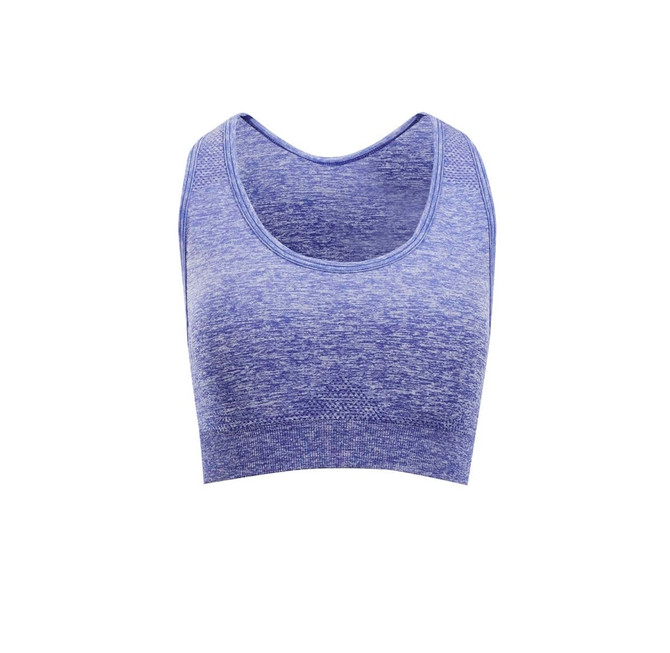 A seamless crop top in a gradient blue hue with a rounded neckline and a fitted design. It features a logo on the front.