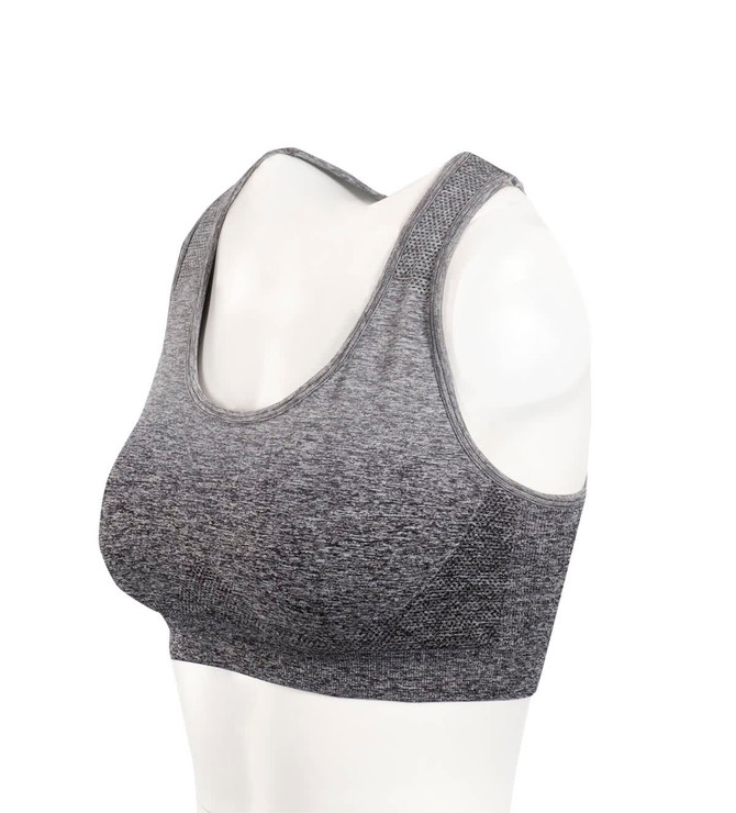 A grey seamless crop top displayed on a mannequin, featuring a simple design and a logo on the side.