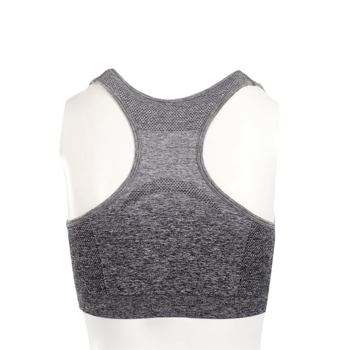 A grey sports crop top with a racerback design, featuring textured fabric and a logo.