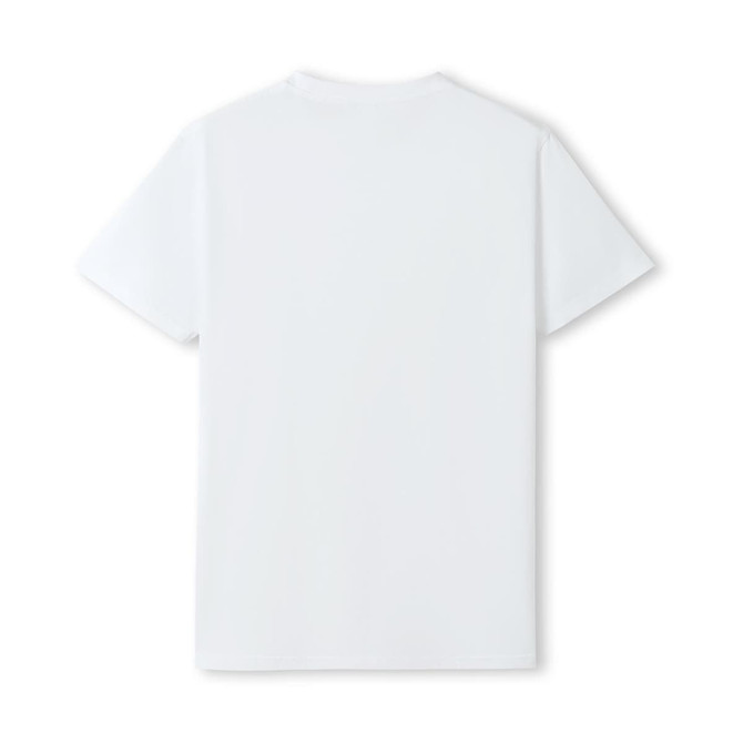 A plain white unisex T-shirt with short sleeves, featuring a logo on the back.