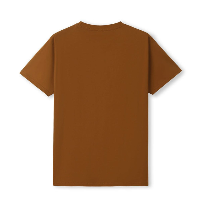 A brown unisex Earth Care T-shirt with short sleeves and a round neckline, featuring a plain back.