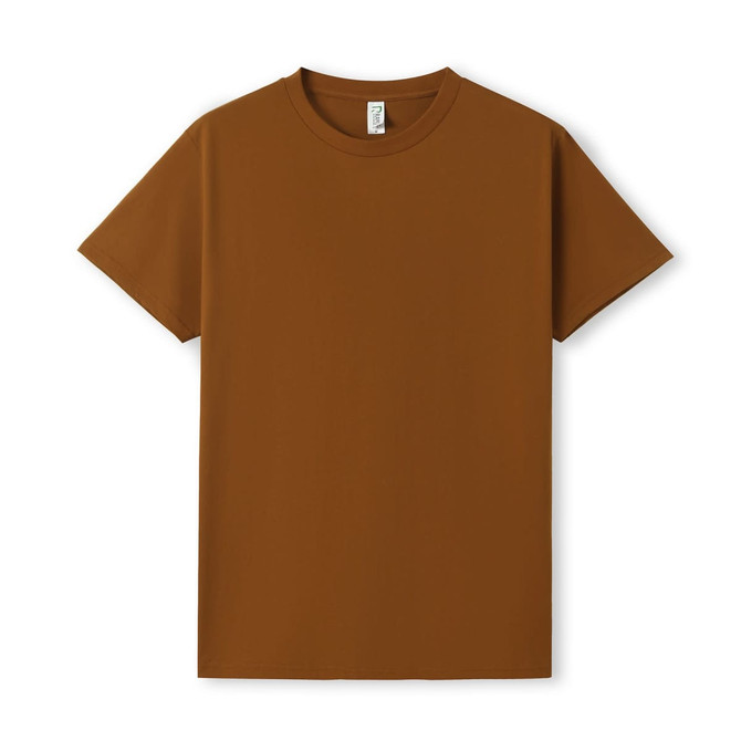 A brown unisex Earth Care T-shirt with a round neckline and short sleeves, featuring a logo.