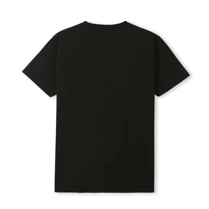 A black unisex T-shirt with a simple design and a logo. Suitable for casual wear.