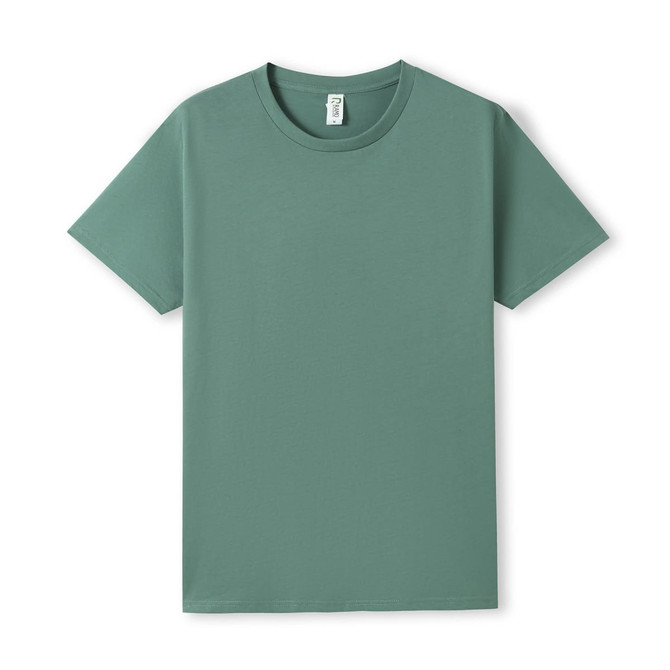 A plain, unisex t-shirt in a soft green colour, featuring a crew neck and short sleeves. It has a logo.