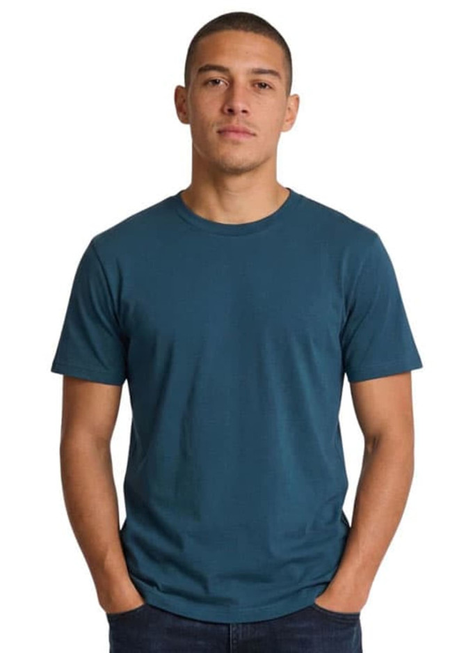A unisex earth care T-shirt in a deep teal colour, featuring a simple design and a logo on the front.