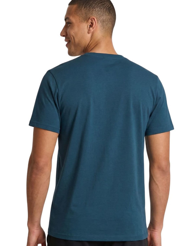A blue mens’/unisex T-shirt featuring a round neck and short sleeves, with a logo on the back.