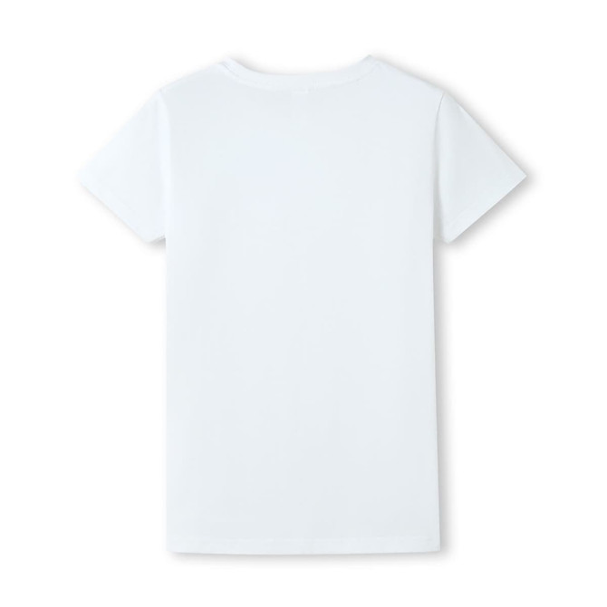 A light blue women's T-shirt with a fitted design and a logo on the back.