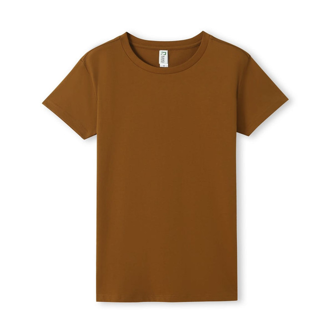 A brown women's T-shirt with short sleeves and a round neckline, featuring a branding label inside.