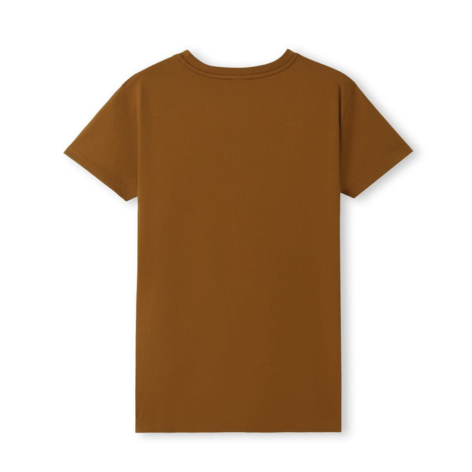A brown women's T-shirt with a fitted design and short sleeves, featuring a logo on the back.