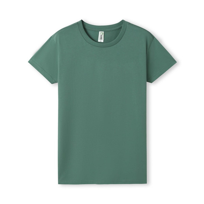 A green Women's Earth Care T-shirt with a simple design and a crew neck, featuring a logo on the label.