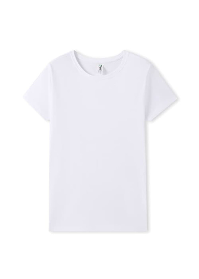 A white women's organic cotton T-shirt with short sleeves and a label inside. It features a logo on the neckline.