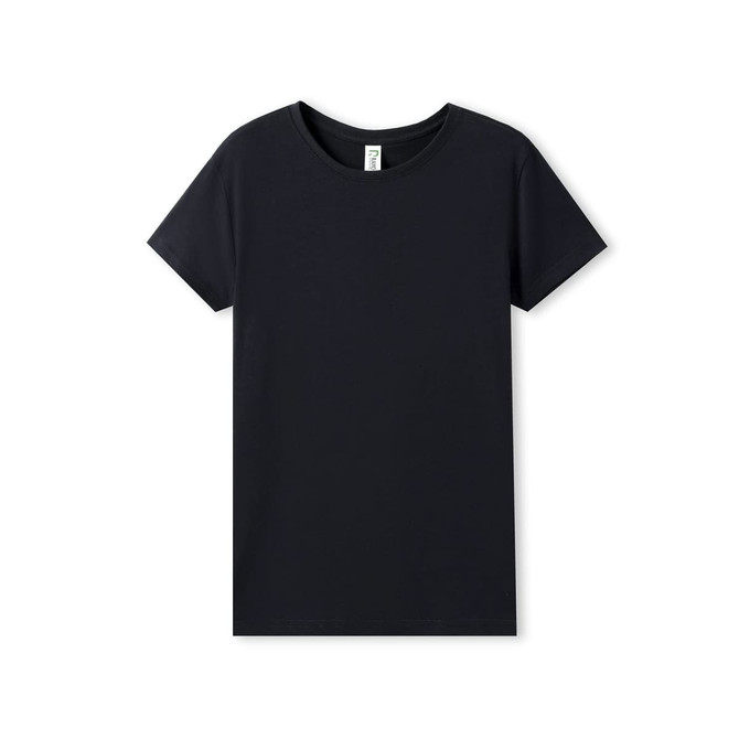 A black women's organic cotton T-shirt with a round neckline and short sleeves. It has a small logo on the label.