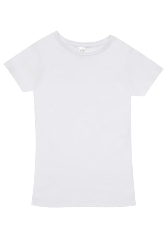 A white women's organic cotton T-shirt with a classic crew neckline and short sleeves. It features a branding logo.