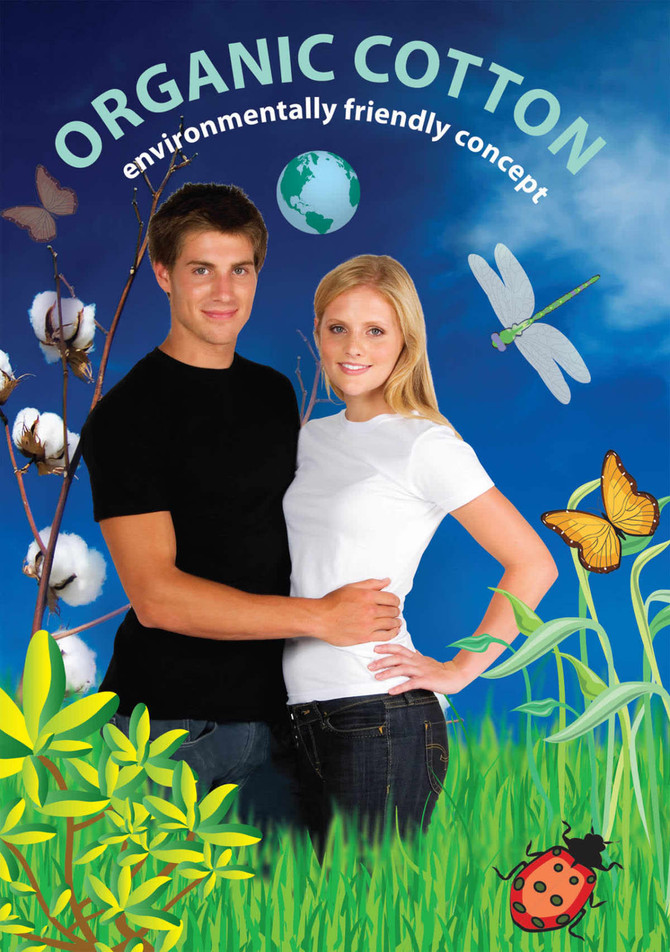 A black and a white organic cotton T-shirt displayed on models in a vibrant outdoor setting with nature elements.