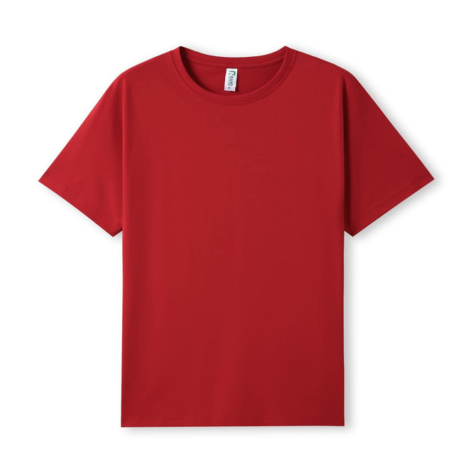 A red organic cotton T-shirt featuring a round neck and short sleeves, with a small logo on the label.