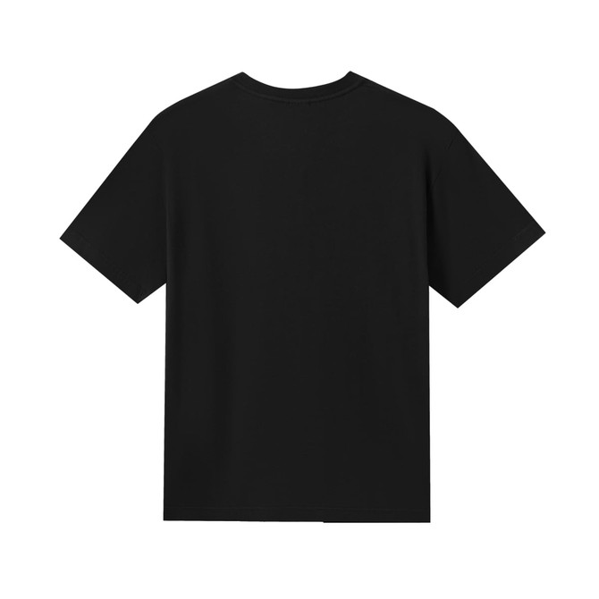 A black unisex V-neck T-shirt displaying a plain back design and casual fit. It features a logo.