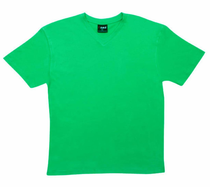 A green V-neck T-shirt with short sleeves and a label inside. It features a logo.