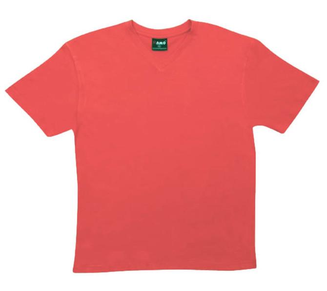A vibrant red V-neck T-shirt in a unisex style, featuring short sleeves and a tag at the neck.