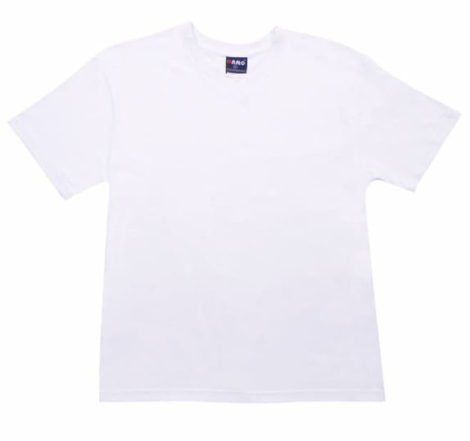A white Men's/Unisex V-Neck T-shirt with short sleeves and a branding label at the neck.