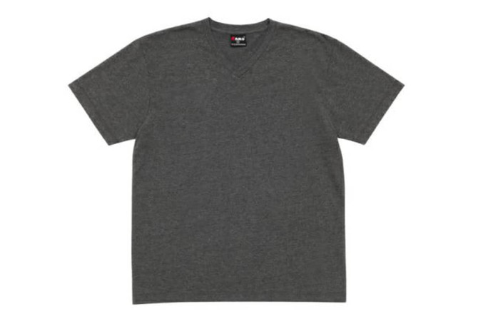 A dark grey unisex V-neck T-shirt with short sleeves and a logo on the neckline.