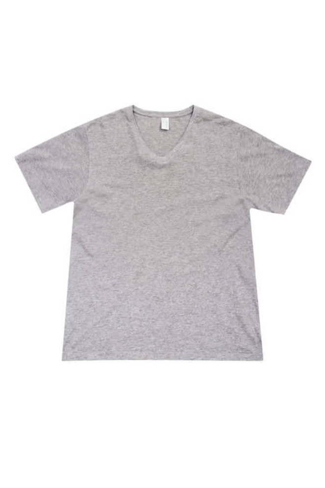 A grey unisex V-neck t-shirt displayed flat, featuring short sleeves and a simple design.