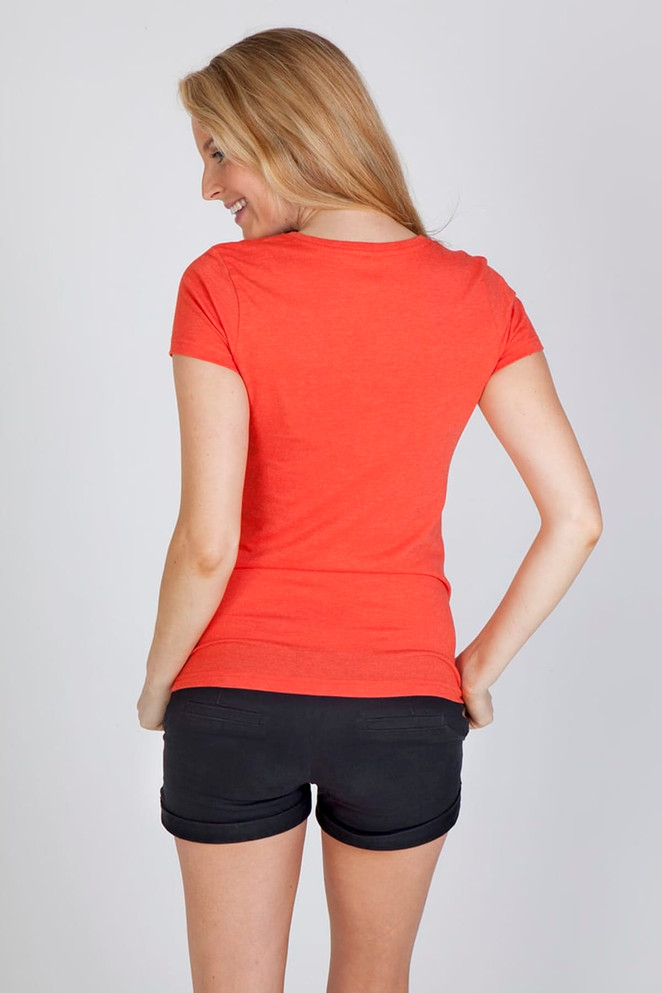 A women's marl V-neck T-shirt in vibrant red, featuring a fitted design and short sleeves, shown from the back.