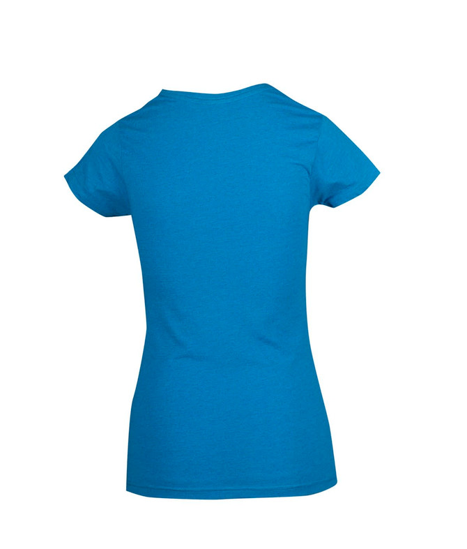 A blue women's marl V-neck T-shirt, featuring short sleeves and a fitted design, with a logo on the back.