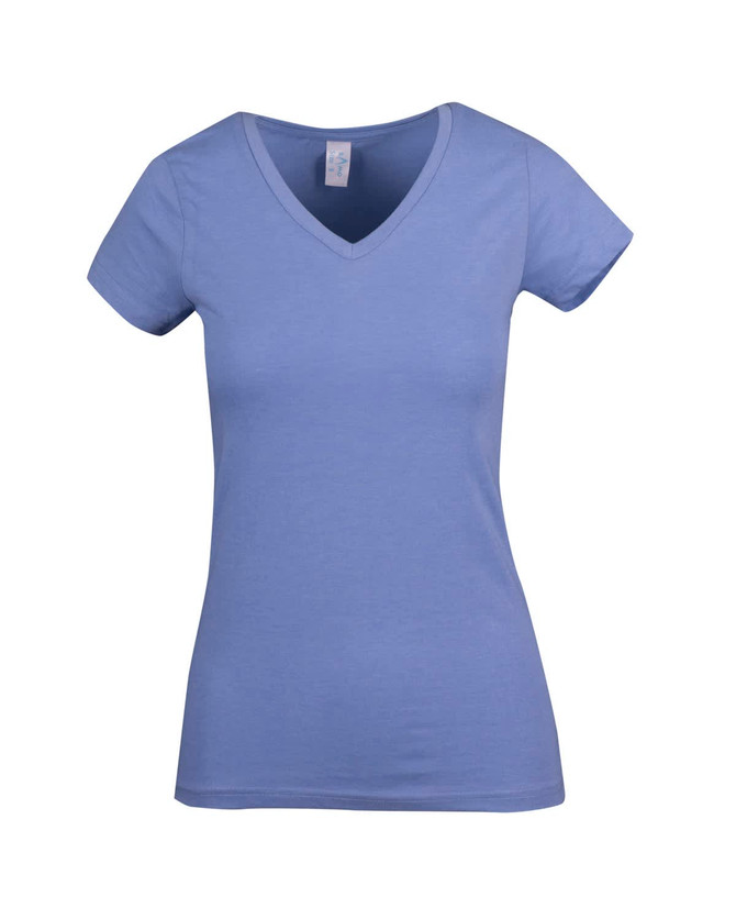 A women's marl V-neck T-shirt in a light blue colour, featuring a fitted silhouette and short sleeves.
