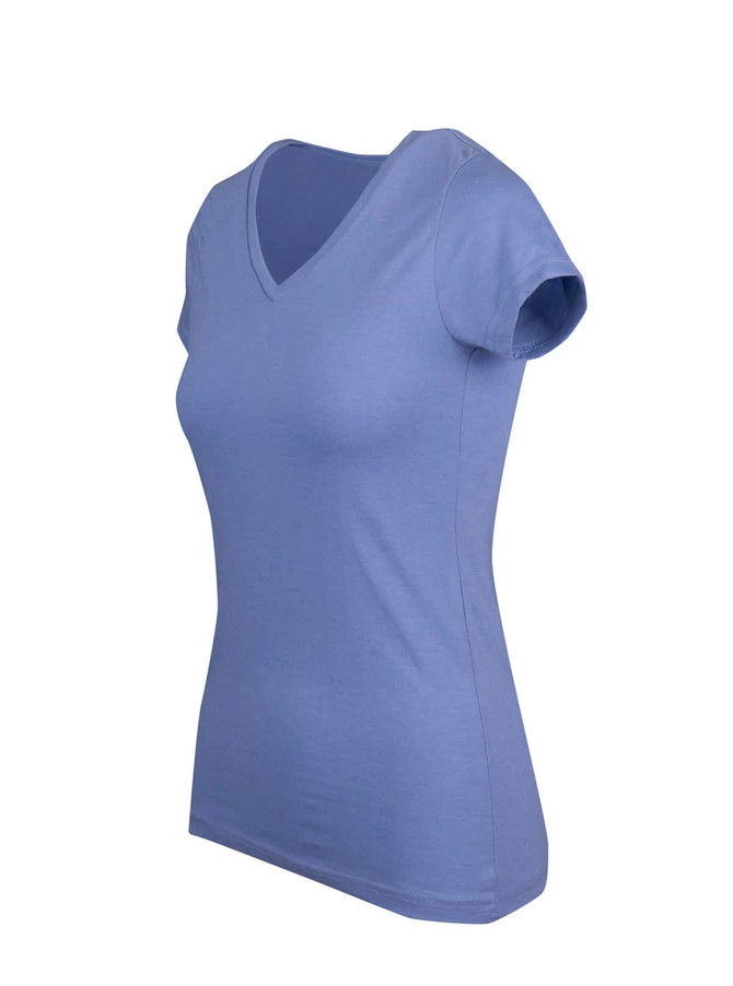 A women's marl V-neck T-shirt in a soft blue colour, featuring short sleeves and a fitted style.