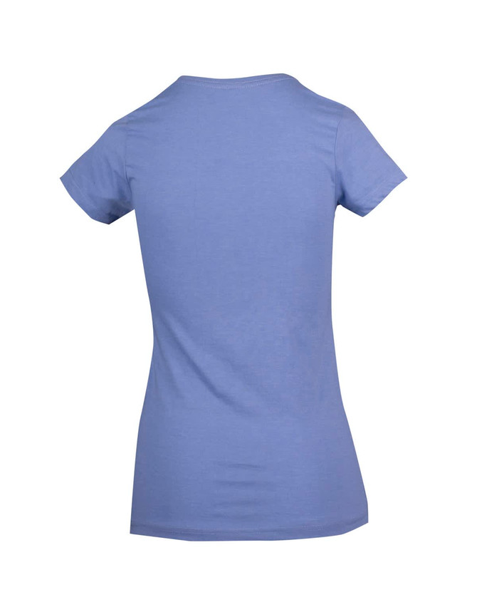 A marl blue women's V-neck T-shirt, featuring a fitted design with short sleeves and a classic back view.