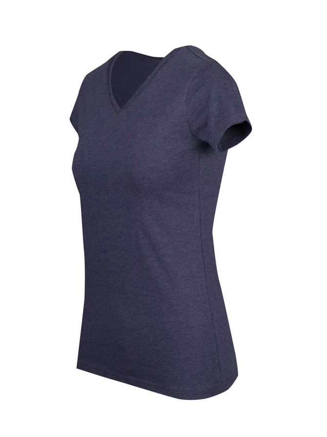 A women's marl navy V-neck T-shirt with short sleeves and a fitted design, featuring a logo on the side.