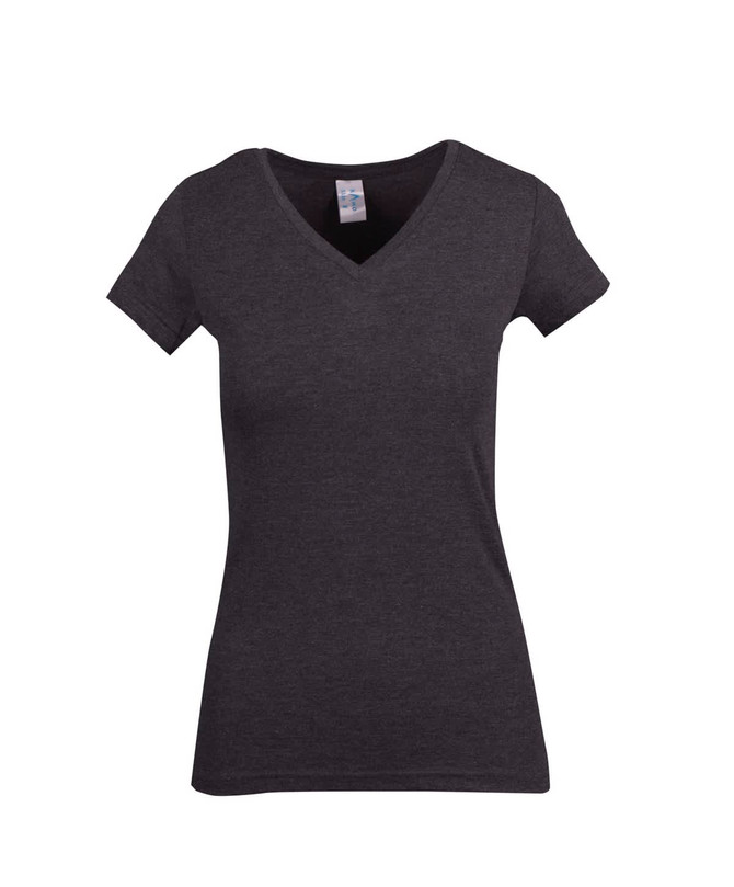 A women's marl v-neck t-shirt in dark grey, featuring short sleeves and a fitted design. It has a logo on the label.
