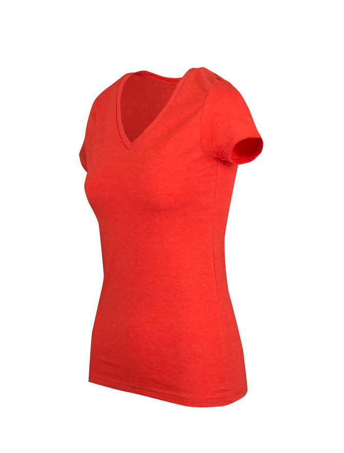 A women's red marl V-neck T-shirt with short sleeves and a fitted shape. It features a logo on the label.