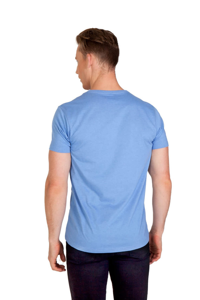 A blue men's marl V-neck T-shirt displayed on a model from the back. The shirt has a fitted style and short sleeves.