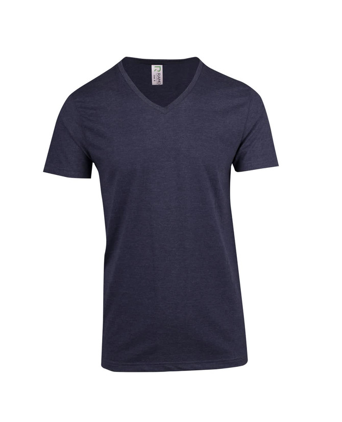 A men's marl V-neck T-shirt in navy blue with a subtle texture and a label.