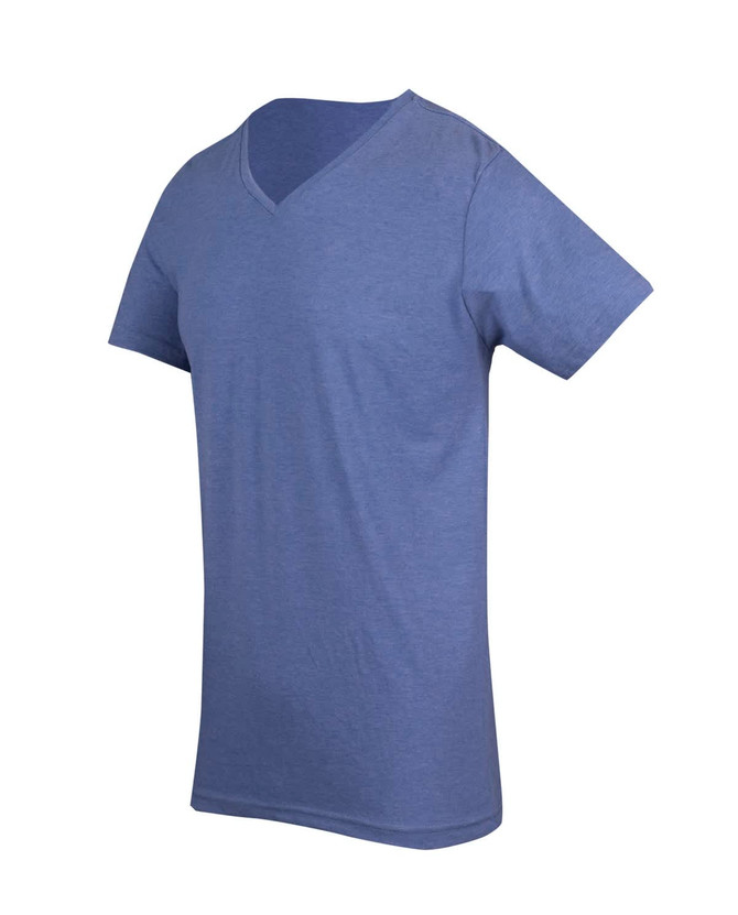 A men's marl V-neck T-shirt in a blue shade, featuring short sleeves and a subtle texture.